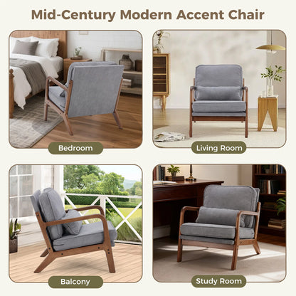 JHK Mid Century Modern Chair Solid Wooden Frame Accent Chair with Arms, Waist Cushion Chair