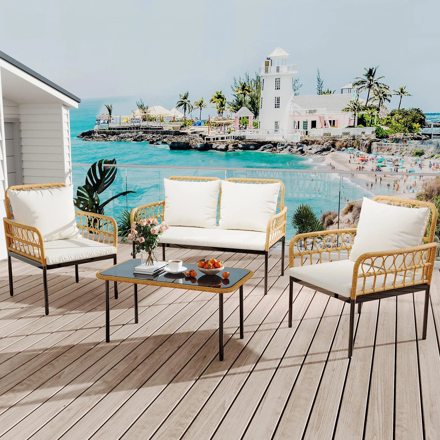 4-Piece Rattan Patio Set with Loveseat, 2 Chairs & Glass Table, Outdoor Furniture For Backyard- Porch.