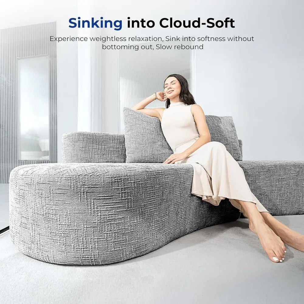 Curved Sofa with Modern Design, Light Grey, 4-Seat Living Room Set- 2 Pillows.