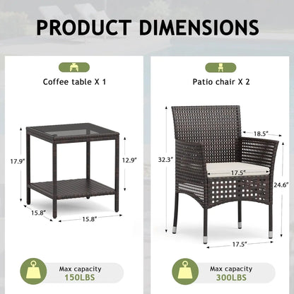 Outdoor 3 Piece Patio Furniture Set Wicker Chairs with Glass-top Coffee Table for Balcony, and Porch.
