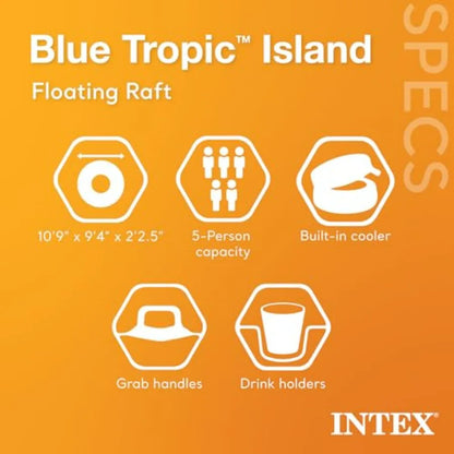 Blue Tropic Inflatable 5 Person Raft with Backrests Built-in Cooler and 4 Cupholders for Swimming Pool.