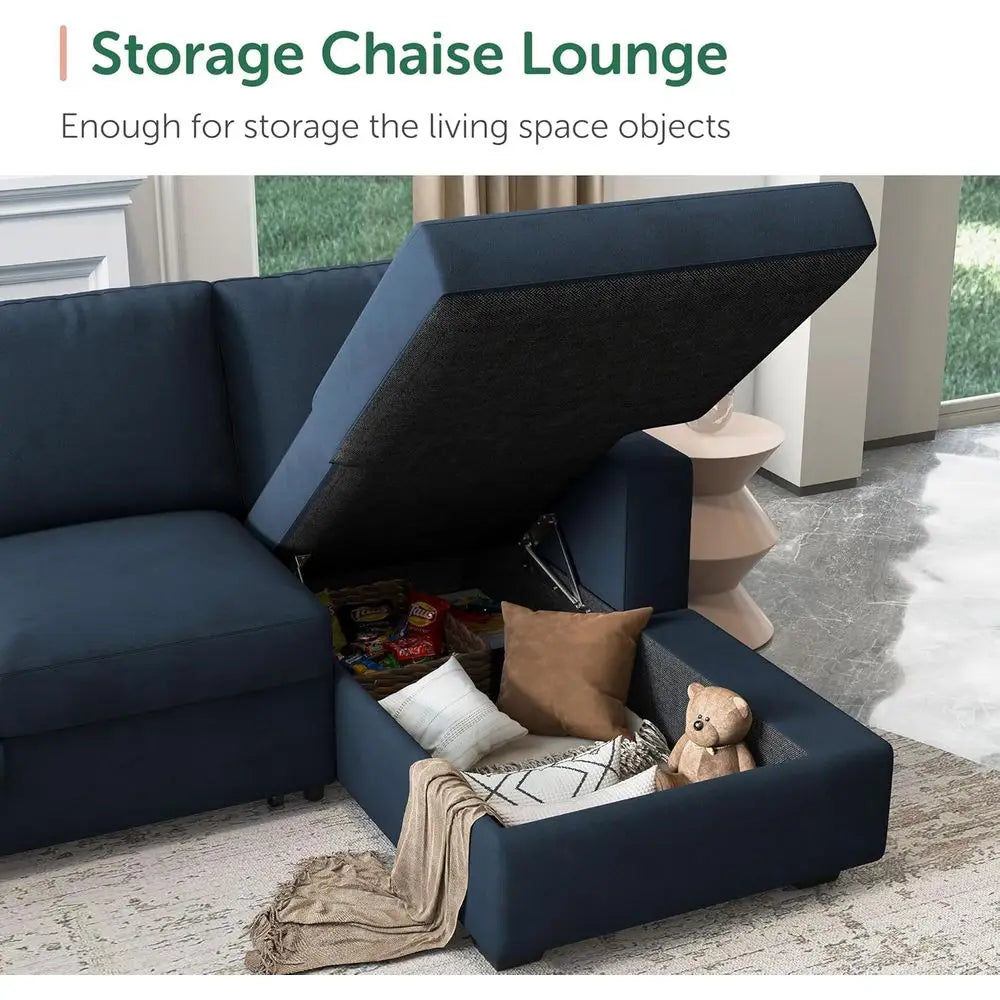 U-Shaped Sectional Sleeper Sofa with Pull-Out Bed, Storage, and Chaise Lounge, Velvet Blue, 6-Seat Living Room