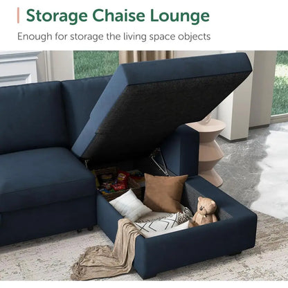 U-Shaped Sectional Sleeper Sofa with Pull-Out Bed, Storage, and Chaise Lounge, Velvet Blue, 6-Seat Living Room