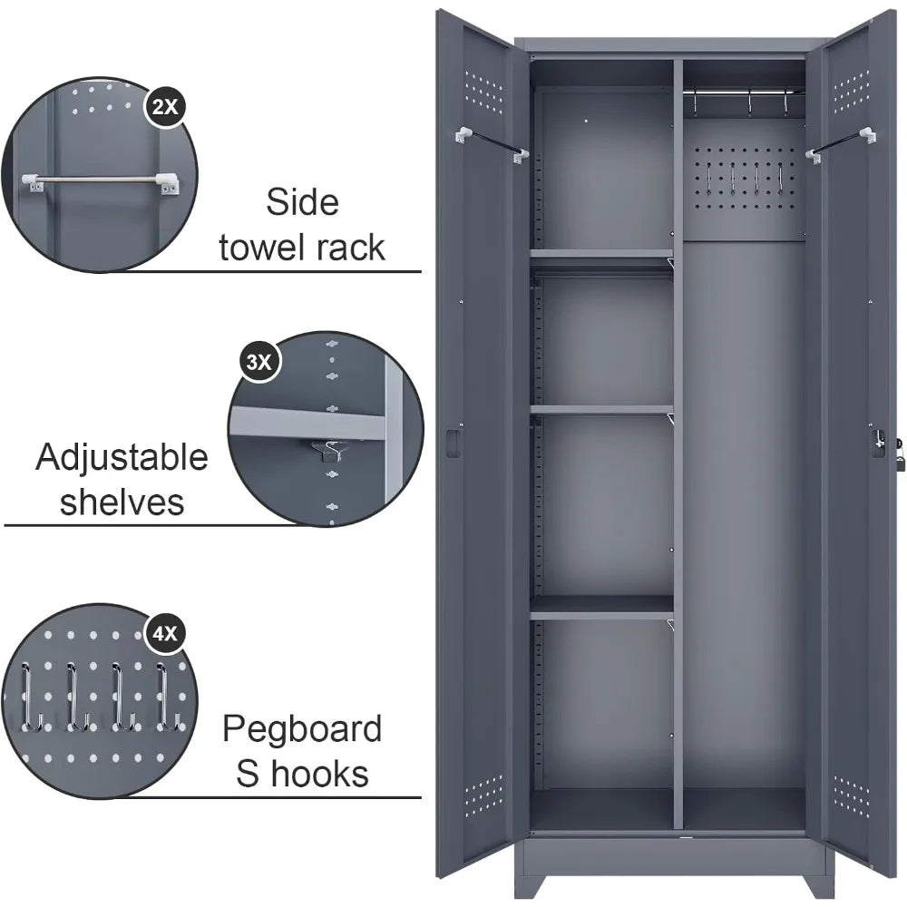 Steel Locking Cabinet with Hanging Rod, Storage with Doors and Hooks, Tall Broom Tool Cabinets