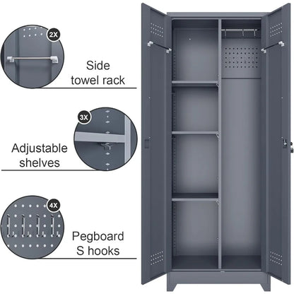Steel Locking Cabinet with Hanging Rod, Storage with Doors and Hooks, Tall Broom Tool Cabinets