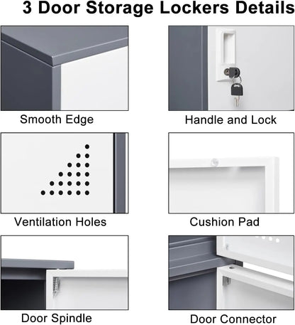 3-Door Metal Locker Cabinet for Office, Home, School Storage - Durable Steel Organizer