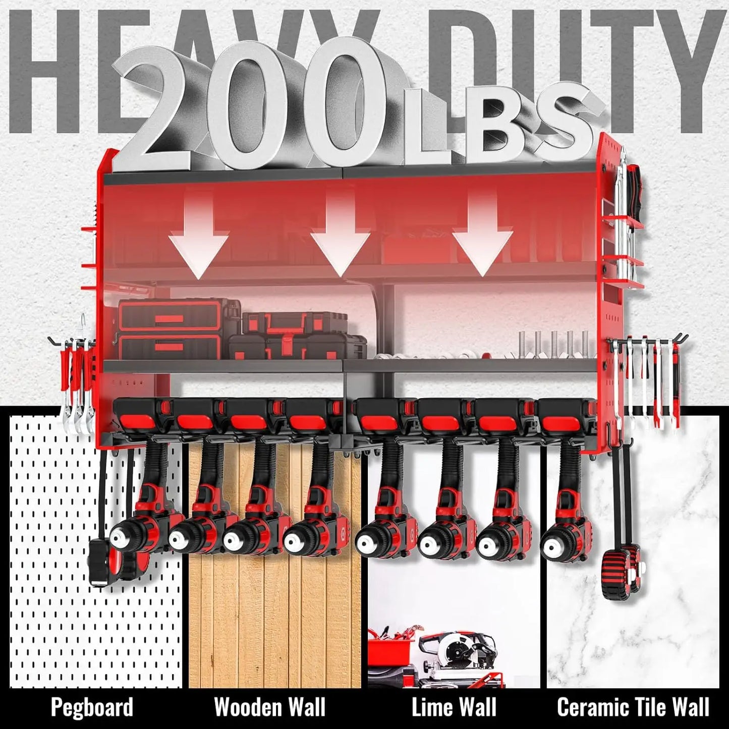 Metal Power Tool Organizer Wall Mount with Screwdriver Holder, Storage Shelves for Drills & Pliers.