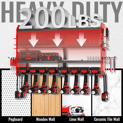 Metal Power Tool Organizer Wall Mount with Screwdriver Holder, Storage Shelves for Drills & Pliers.