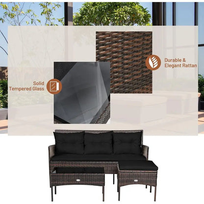3-Piece Rattan Wicker Patio Sofa Set with 5 Cushions, Tempered Glass Top for Outdoor Living
