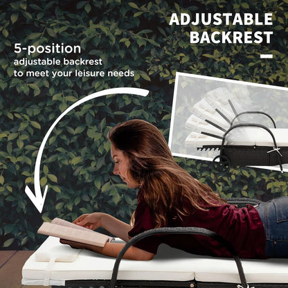 Wicker Outdoor Chaise Lounge with 5-Level Adjustable Backrest, PE Rattan Chair with Wheels.
