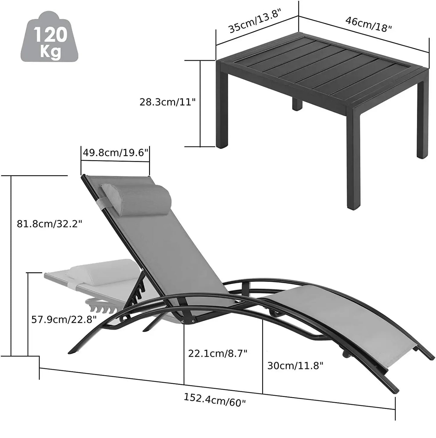Aluminum Lounge Chair for Outside with 5 Adjustable Positions, Table 3Pcs Chaise Outdoor for Pool.