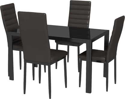 5 Piece Glass Dining Table Set, Kitchen and Chairs for 4, PU Leather Modern Room Set