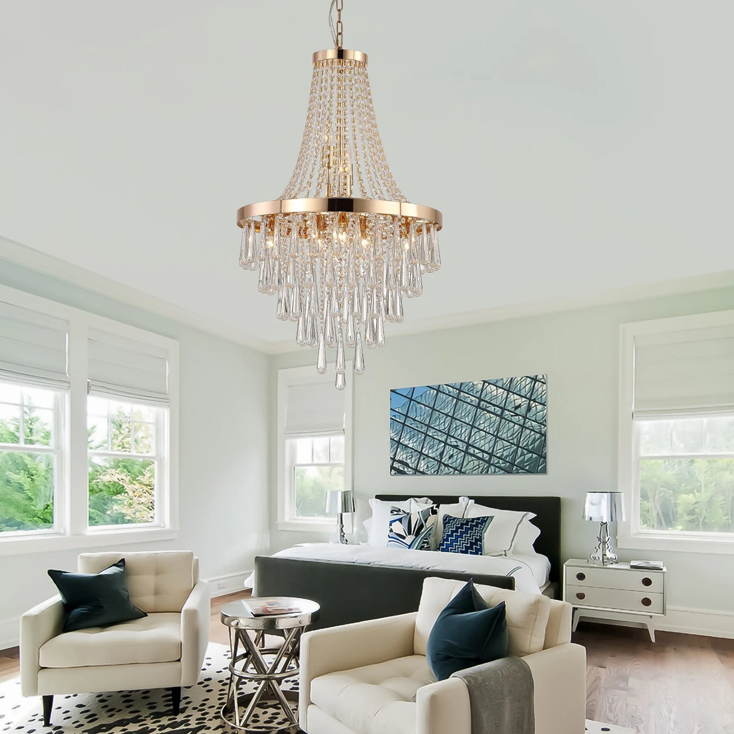 Large Luxury Gold Crystal Chandelier, Dazzling K9 Crystals, Superior Metal Finish,