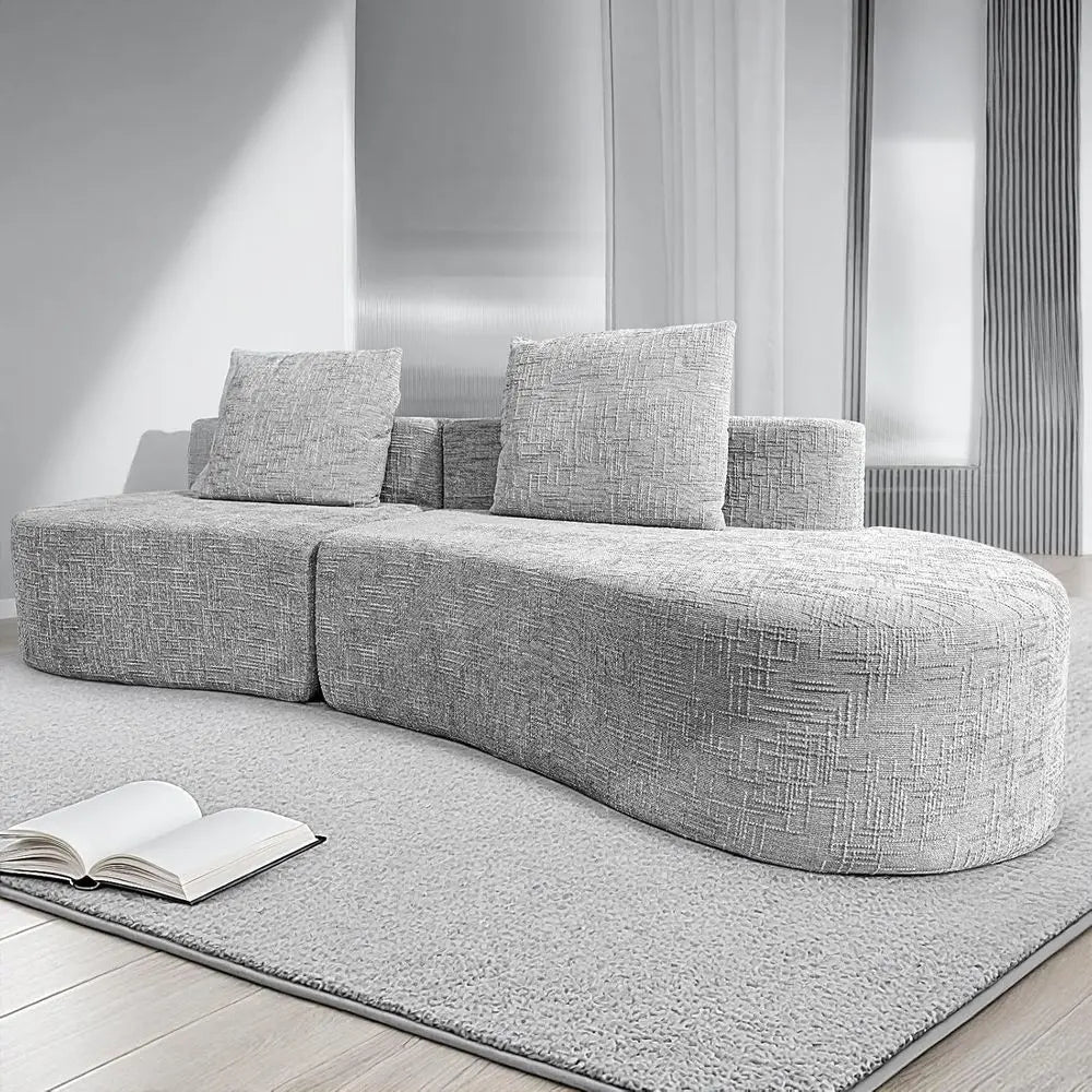 Curved Sofa with Modern Design, Light Grey, 4-Seat Living Room Set- 2 Pillows.