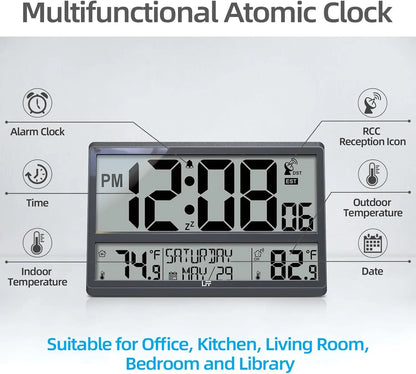 Atomic Wall Clock with Wireless Outdoor Temperature Sensor, Large Digital Display, Auto-Sync Time & Calendar.