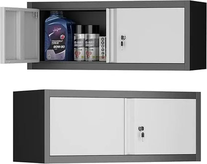 Metal Locking Cabinet, 12.8" H Garage Cabinet Wall Mount, Steel Storage with Doors and Shelves, Floating.