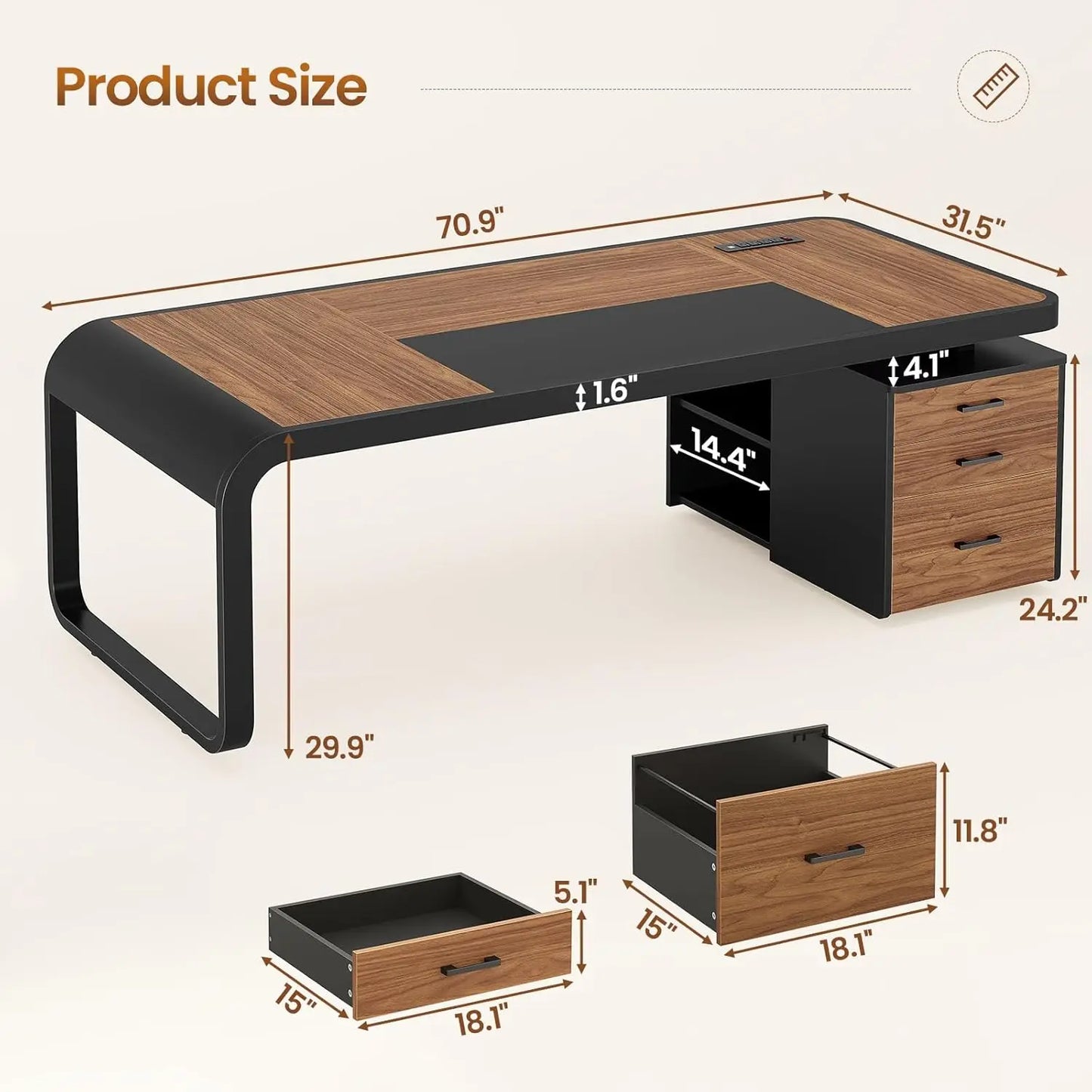 70.9" Executive Desk, Large Computer Desk with Drawers and Lateral File Cabinet.
