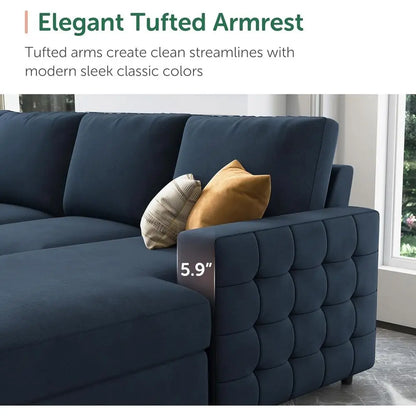 U-Shaped Sectional Sleeper Sofa with Pull-Out Bed, Storage, and Chaise Lounge, Velvet Blue, 6-Seat Living Room