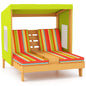 Kids Chaise Lounge Chair Outdoor, Wood Double Pool Lounger Chairs w/Canopy, Cup Holder.