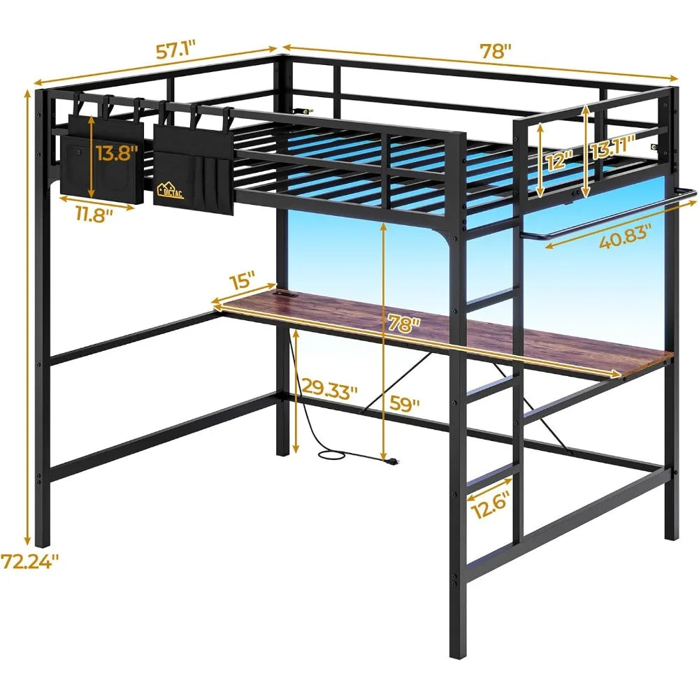 Full Metal Loft Bed with Desk, LED Lights, and Charging Station - Safe and Durable Full Size Bed Frame