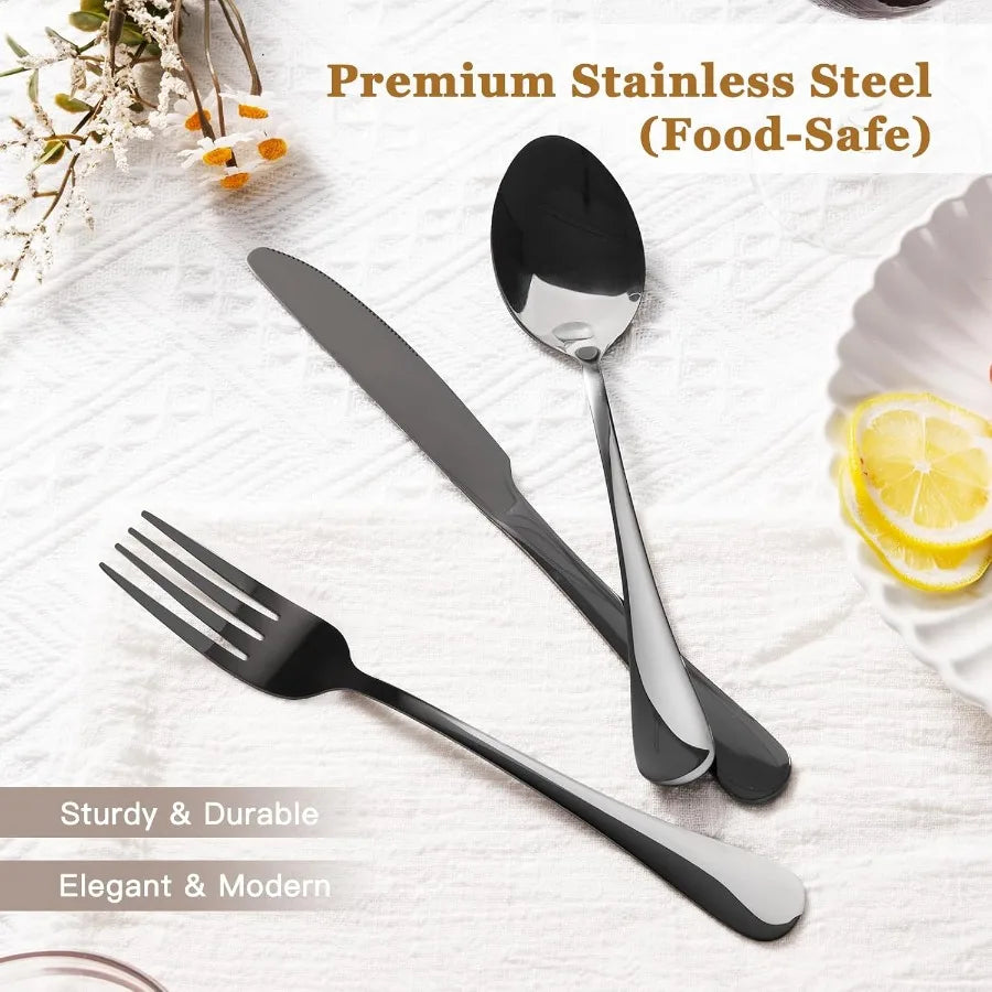 24Piece Black Silverware Set with Steak Knives, Stainless Steel Cutlery Set Mirror Polished Utensils.
