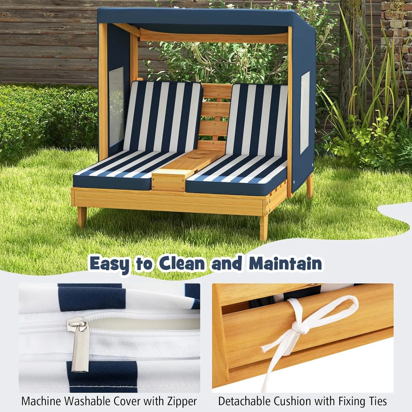 Kids Chaise Lounge Chair Outdoor, Wood Double Pool Lounger Chairs w/Canopy, Cup Holder.