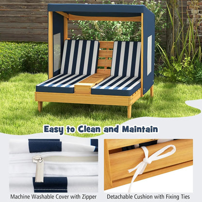 Kids Chaise Lounge Chair Outdoor, Wood Double Pool Lounger Chairs w/Canopy, Cup Holder.