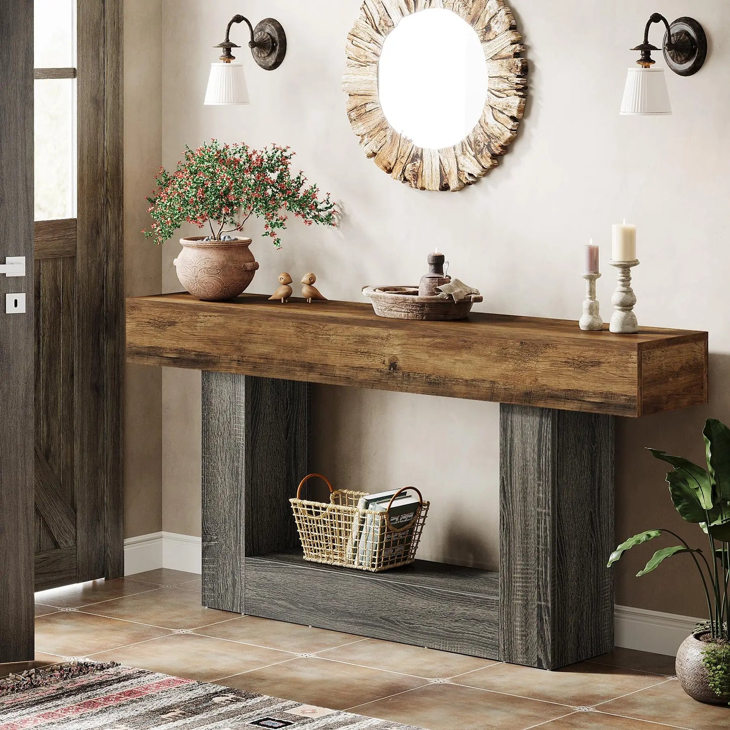 Tribe signs 63" Console Table, Farmhouse 2-Tier Entryway Table with U-Shaped Base, Narrow.
