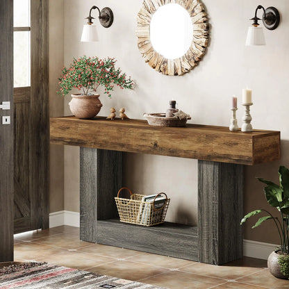 Tribe signs 63" Console Table, Farmhouse 2-Tier Entryway Table with U-Shaped Base, Narrow.