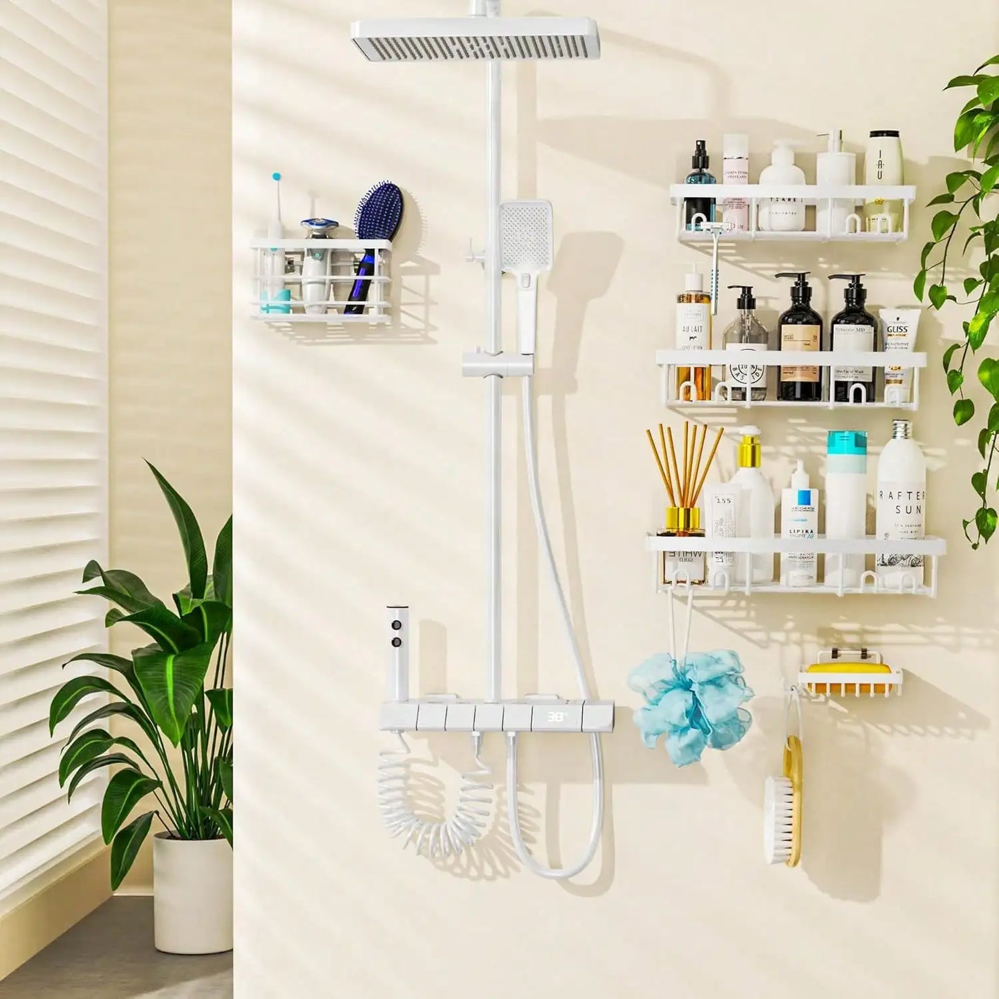 5-Pack Rustproof Stainless Steel Adhesive Shower Caddy No-Drilling Bathroom Storage Shelves