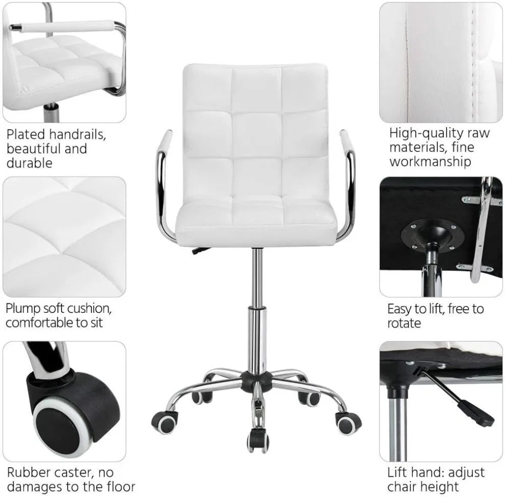 White Desk Chairs with Wheels/Armrests Modern PU Leather Office Chair Midback Adjustable Home Executive Chair 360°