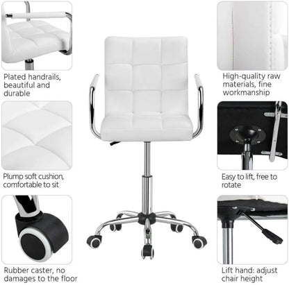 White Desk Chairs with Wheels/Armrests Modern PU Leather Office Chair Midback Adjustable Home Executive Chair 360°