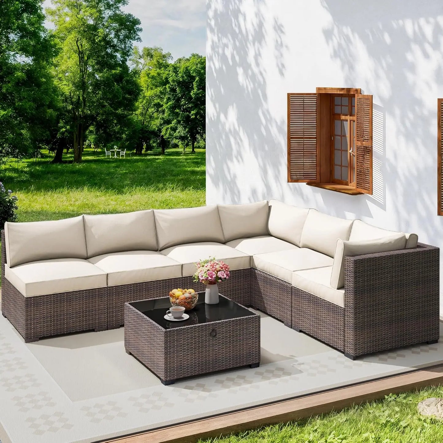 7 Piece Outdoor Patio Furniture Set, Outdoor Sectional Furniture, Rattan & Wicker Modern.