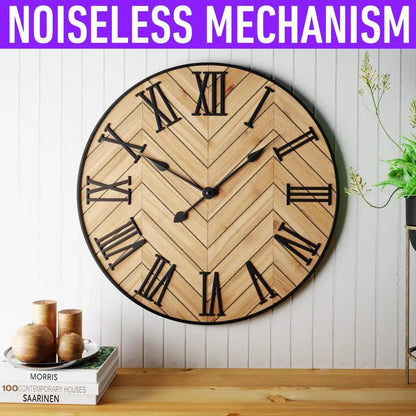 Wall Clock 24 Round Silent Metal amp Wood Large Farmhouse, Decor with 3D Roman Numerals.
