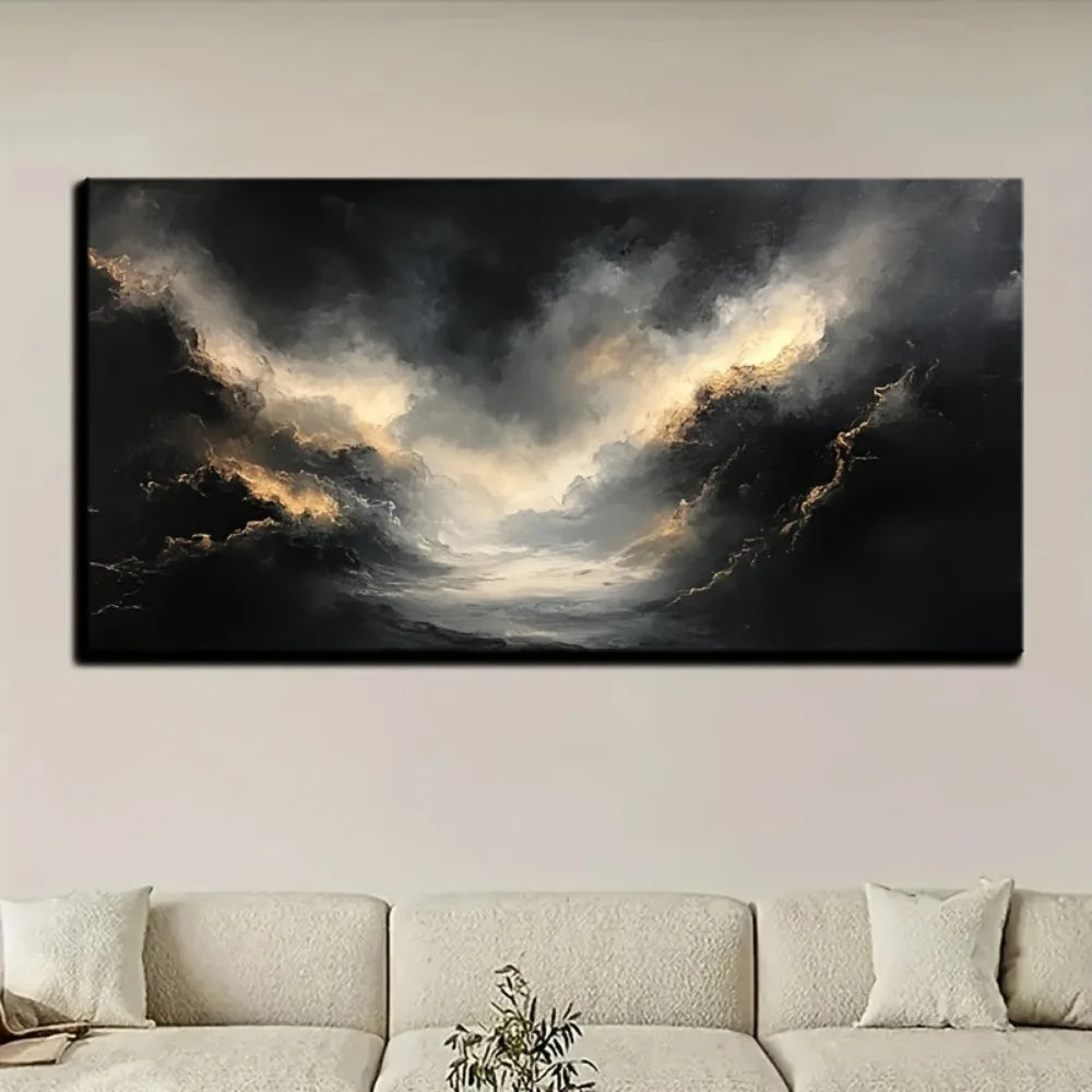Abstract black gold texture modern art oil painting, pine solid wood frame.