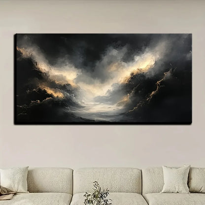 Abstract black gold texture modern art oil painting, pine solid wood frame.