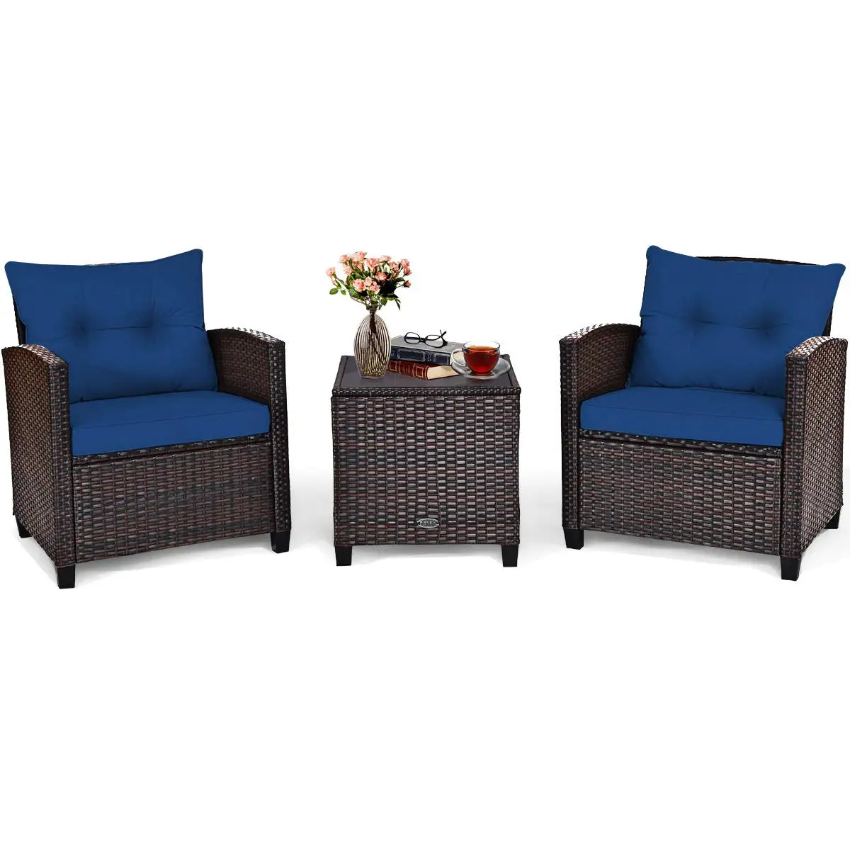3 Pieces Patio Furniture Set, PE Rattan Wicker Outdoor Sofa Set w/Washable Cushion and Tempered Glass.