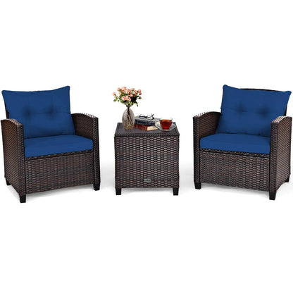 3 Pieces Patio Furniture Set, PE Rattan Wicker Outdoor Sofa Set w/Washable Cushion and Tempered Glass.
