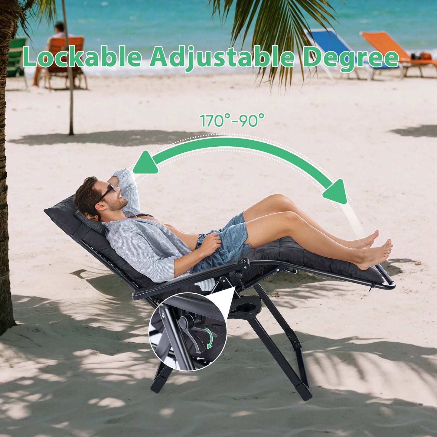 Zero Gravity Recliner Patio Lounge Chair Folding Portable with Cup Holder, Removable Cushion.