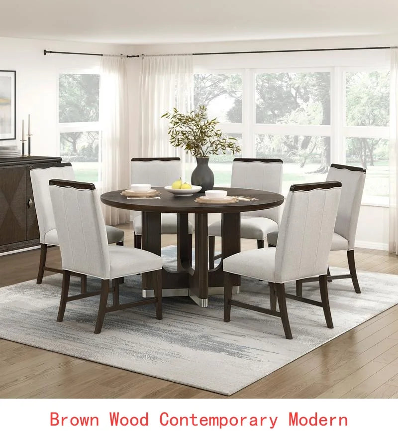 Modern Brown Finish 7-Piece Dining Set with Round Table and 6 Beige Upholstered Side Chairs.
