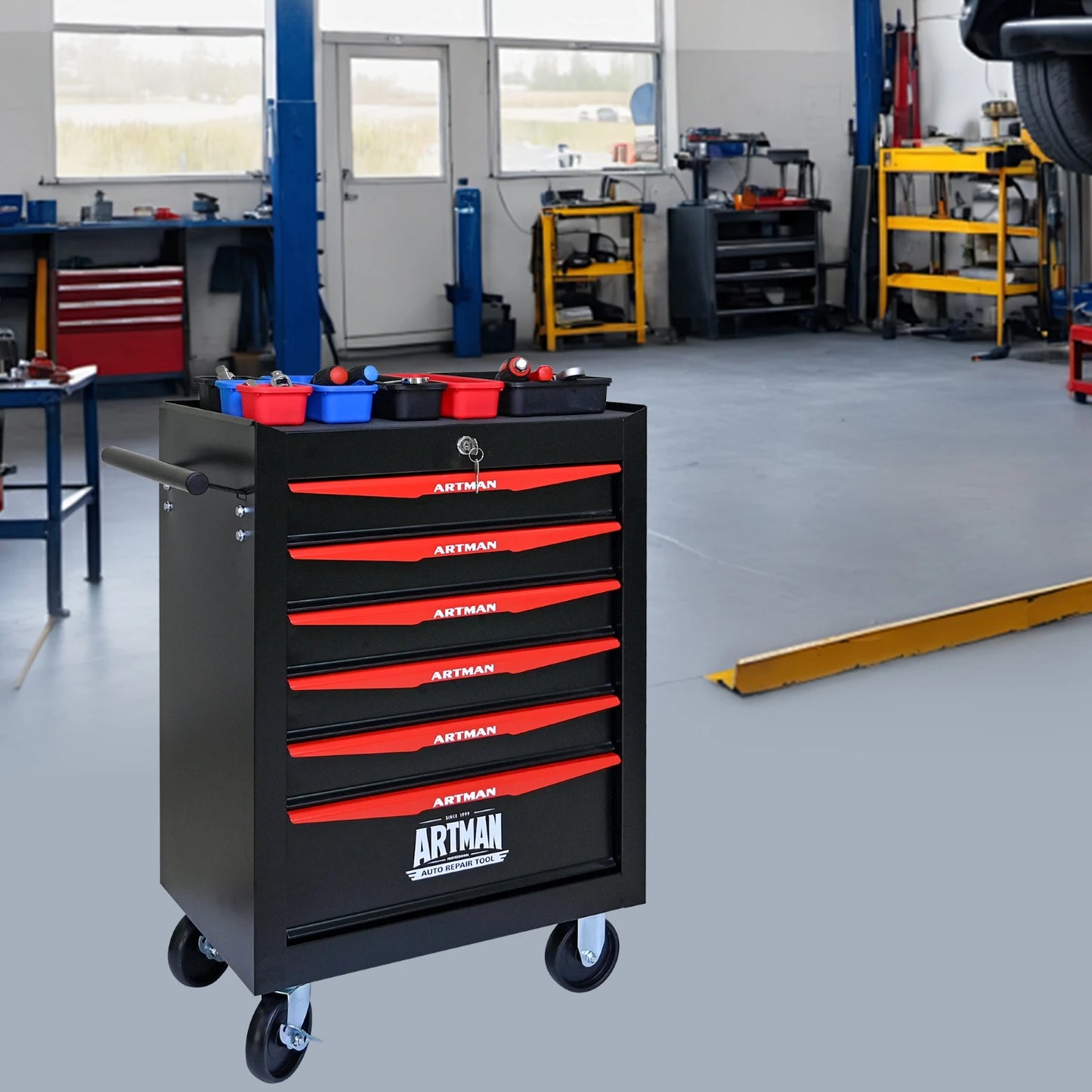 Rolling Metal Tool Chest with 6 Drawers, 20" 6-Drawer Tool Chest Cabinet with Ball Bearing Drawer Slides.