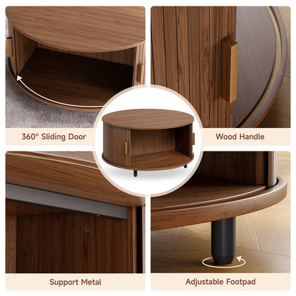 Round Coffee Table with Storage,31.5" 360° Curved Sliding Door, Fluted Wood Accent Coffee Table