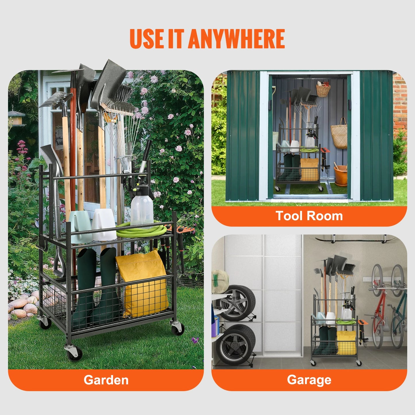 16 Slots Garden Tool Organizer Yard Tool Tower Rack with Hooks, Wheels for Garage Storage