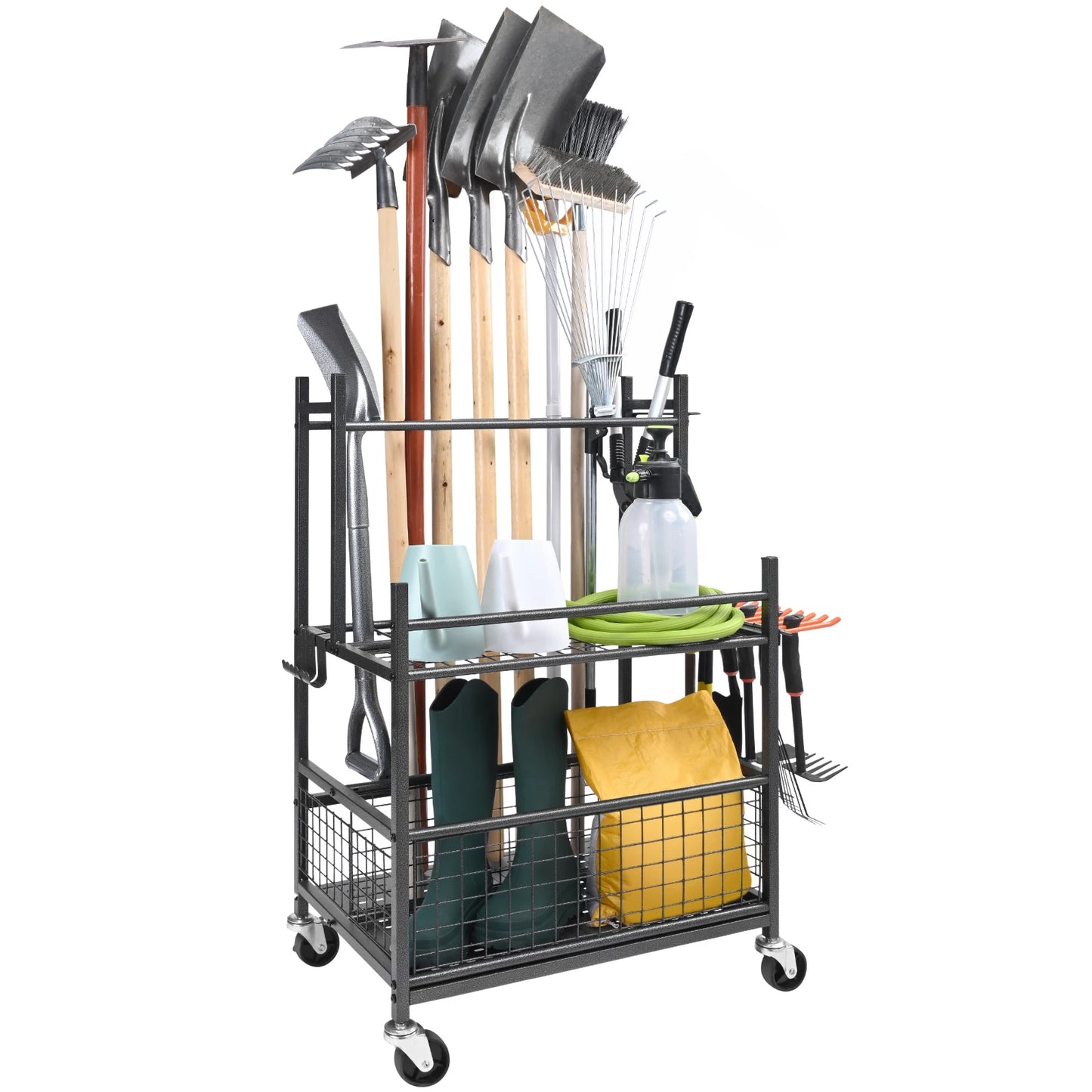 16 Slots Garden Tool Organizer Yard Tool Tower Rack with Hooks, Wheels for Garage Storage