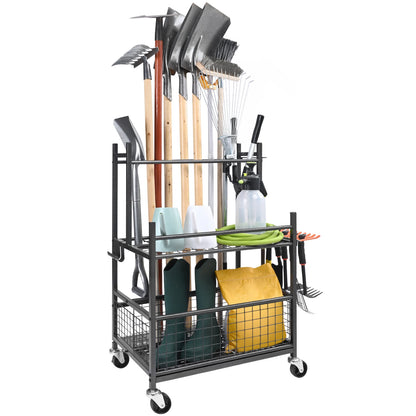 16 Slots Garden Tool Organizer Yard Tool Tower Rack with Hooks, Wheels for Garage Storage