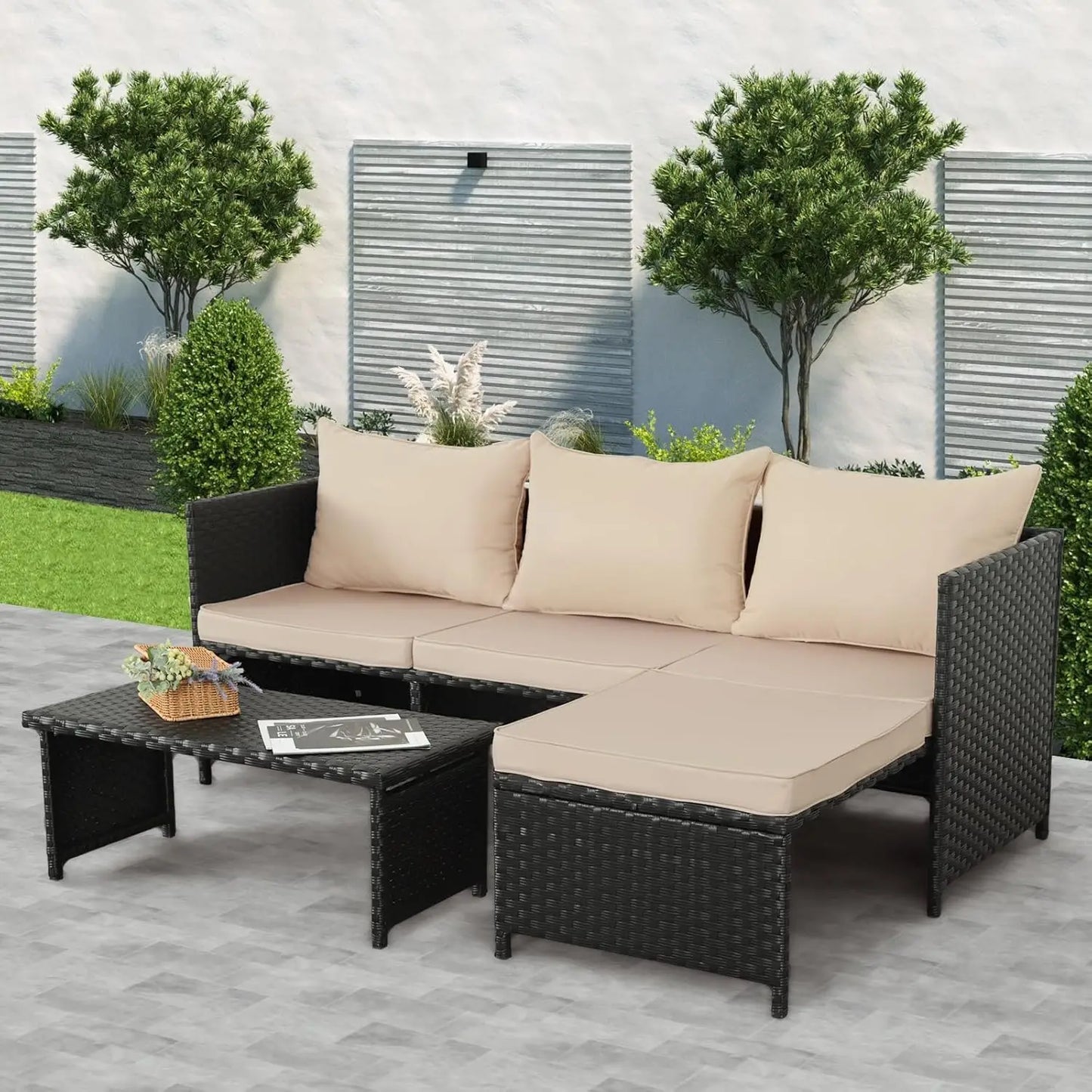 3-Piece Outdoor PE Rattan Furniture Set Patio Black Wicker Conversation Loveseat Sofa Sectional.