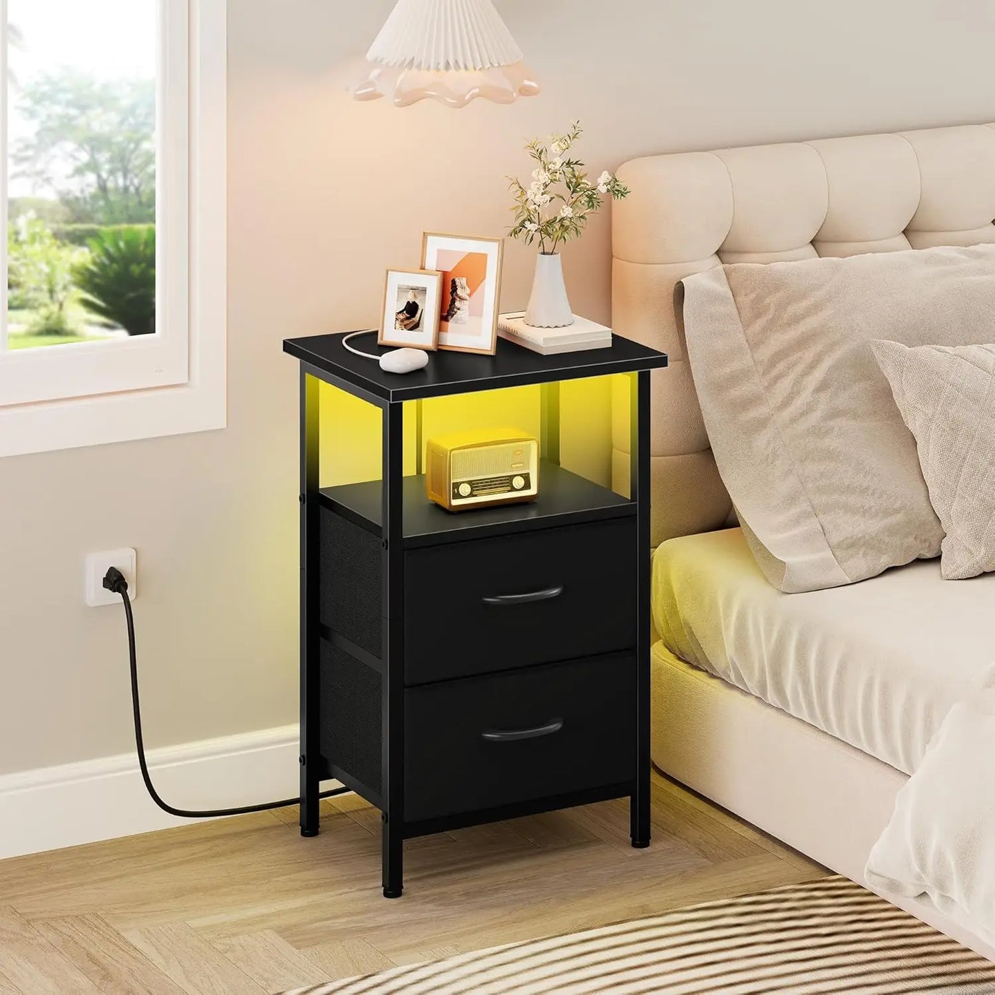 2-Piece Nightstand Set with LED Lights & Charging Station, 2 Fabric Drawers & Storage Shelves.