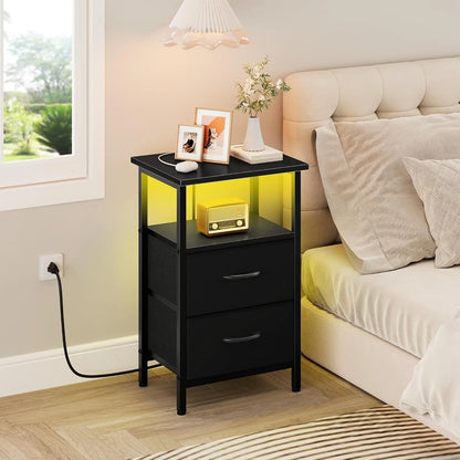 2-Piece Nightstand Set with LED Lights & Charging Station, 2 Fabric Drawers & Storage Shelves.