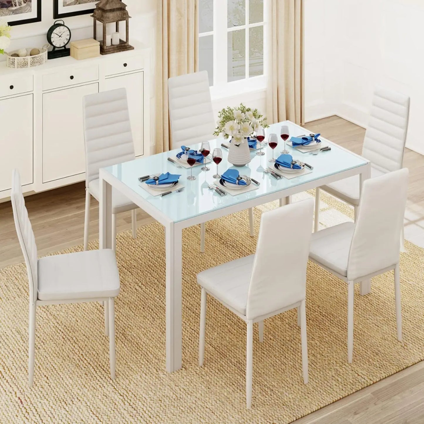 5 Piece Glass Dining Table Set, Kitchen and Chairs for 4, PU Leather Modern Room Set