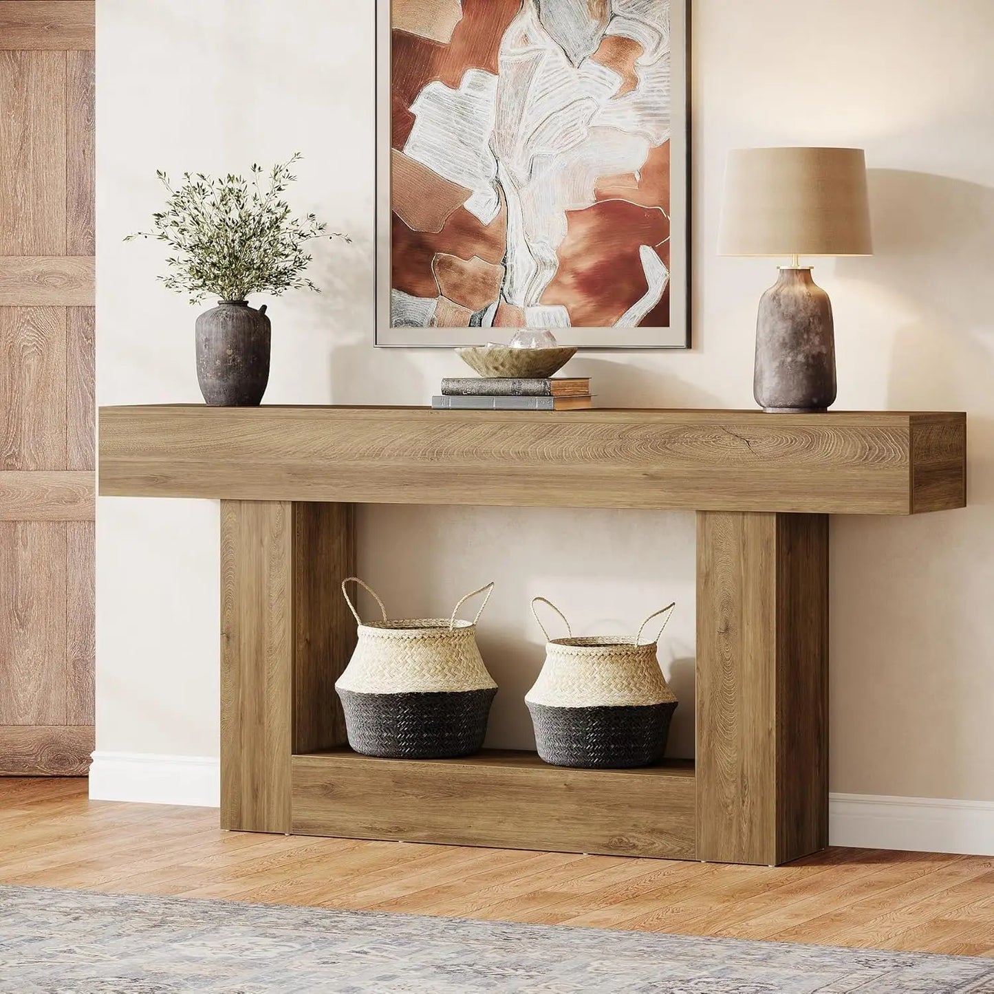 Tribe signs 63" Console Table, Farmhouse 2-Tier Entryway Table with U-Shaped Base, Narrow.